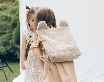 Beige Toddler backpack, Teddy bear backpack, Preschool bag, 100% recycled polyester purse