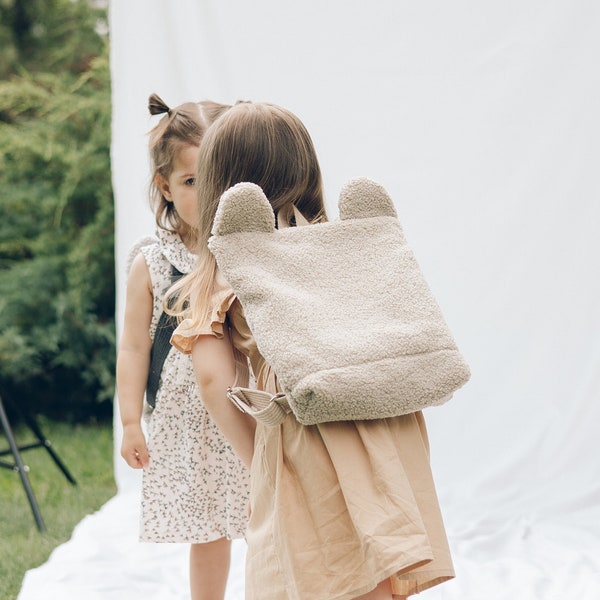 Beige Toddler backpack, Teddy bear backpack, Preschool bag, 100% recycled polyester purse