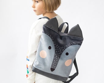 Wolf backpack for children, printed velvet fabric