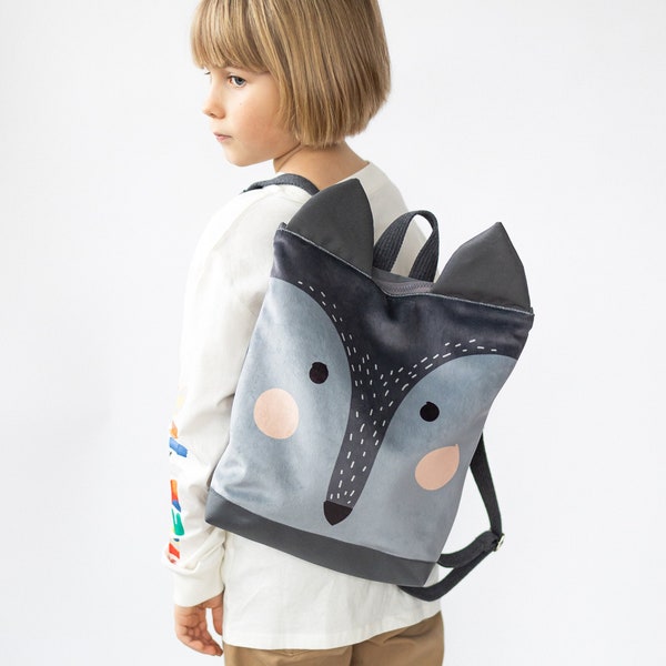 Wolf backpack for children, printed velvet fabric