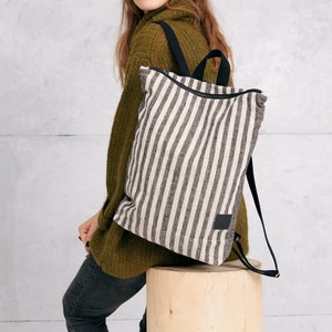 Linen backpack, Striped Backpack, Linen laptop case, 13 laptop backpack image 1