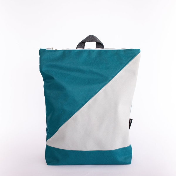 Waterproof backpack, Teal and grey backpack, Colour block backpack, 13" laptop backpack