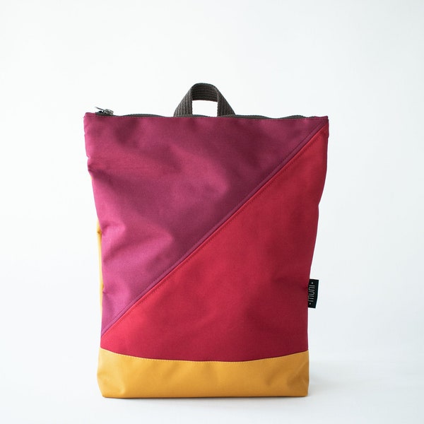 Waterproof backpack, Deep red and purple backpack, Colour block backpack, 13" laptop backpack