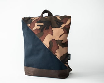 Waterproof backpack, Blue and camouflage backpack, Colour block backpack, 13" laptop backpack