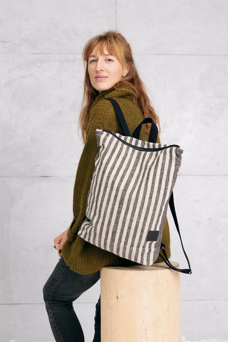 Linen backpack, Striped Backpack, Linen laptop case, 13 laptop backpack image 1