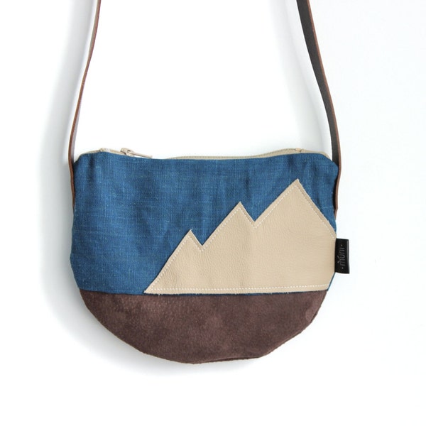 Blue cross body bag/ linen and leather day bag/ Cream mountain design