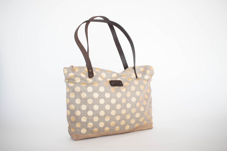 Polka dot linen and leather tote bag, Gold polka dot pattern day bag image 2