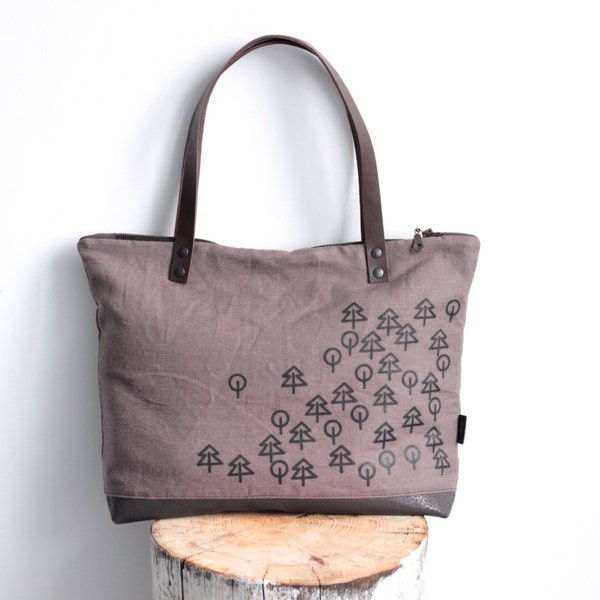 Brown linen tote bag, linen and leather handbag, screen printed Forest design