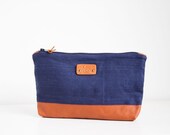Embrague de lino y cuero azul, bolsa de aseo lino, embrague azul marino, bolsa de lino azul