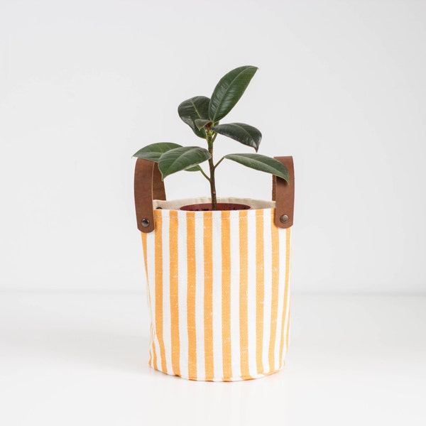 Striped fabric storage, Orange and white fabric basket, Fabric container, Fabric planter