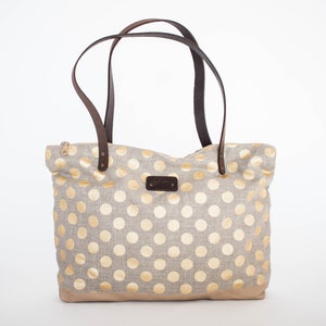 Polka dot linen and leather tote bag, Gold polka dot pattern day bag image 1