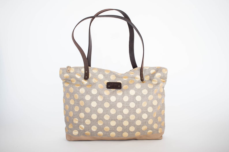 Polka dot linen and leather tote bag, Gold polka dot pattern day bag image 1