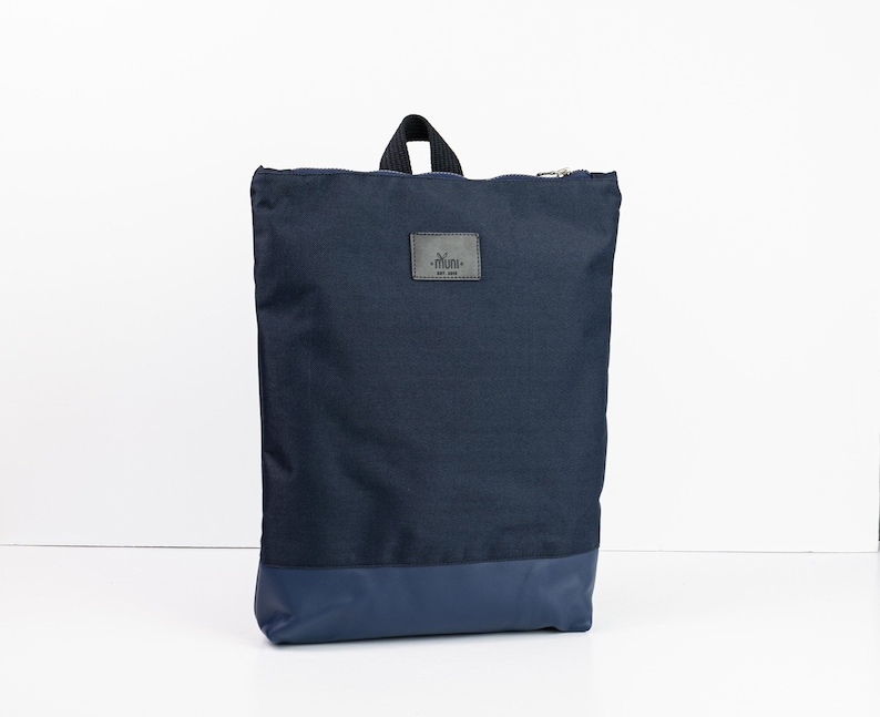 Blue waterproof backpack, Navy blue leather backpack, 13 laptop backpack image 1