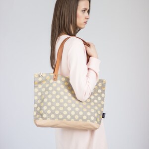 Polka dot linen and leather tote bag, Gold polka dot pattern day bag image 5