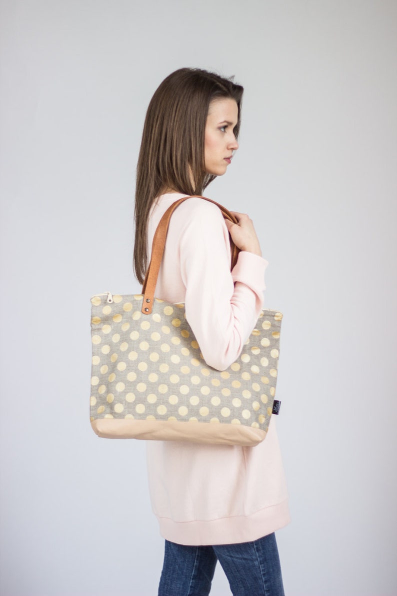 Polka dot linen and leather tote bag, Gold polka dot pattern day bag image 5