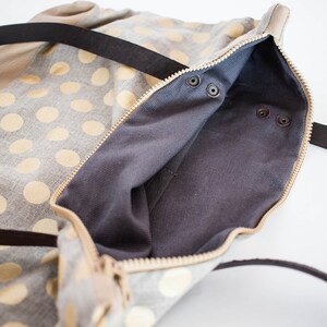 Polka dot linen and leather tote bag, Gold polka dot pattern day bag image 4