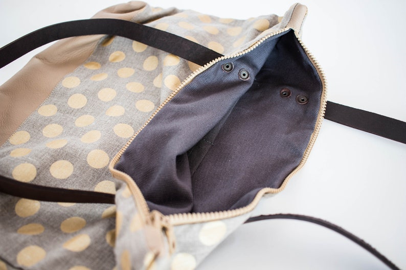Polka dot linen and leather tote bag, Gold polka dot pattern day bag image 4