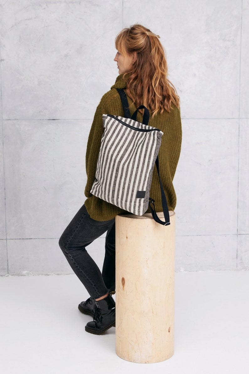 Linen backpack, Striped Backpack, Linen laptop case, 13 laptop backpack image 4