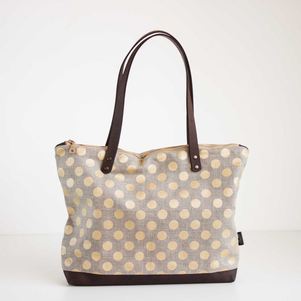 Gold polka dot linen and leather tote bag, Linen shopping bag, Brown leather day bag, Gold polka dot pattern