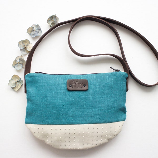 Teal cross body bag, Blue linen and leather day bag