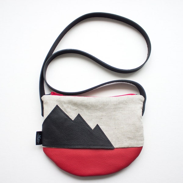 30% SALE! Red cross body bag, Red linen and leather day bag, Black mountain design