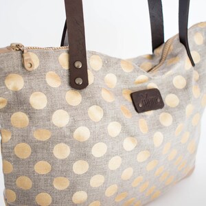 Polka dot linen and leather tote bag, Gold polka dot pattern day bag image 3