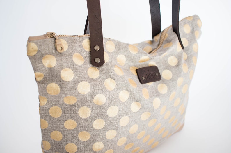 Polka dot linen and leather tote bag, Gold polka dot pattern day bag image 3