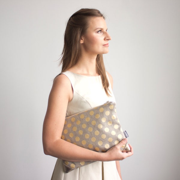 Polka dot linen clutch, Natural linen pouch, Gold polka dot clutch, Large evening clutch