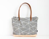 Large natural linen and leather tote bag, Gray day bag, Geometric pattern tote bag