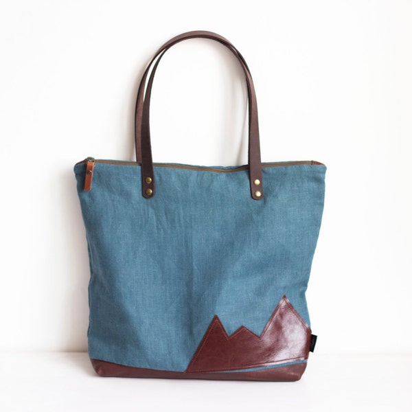 Large teal linen and leather tote bag, Brown mountain design