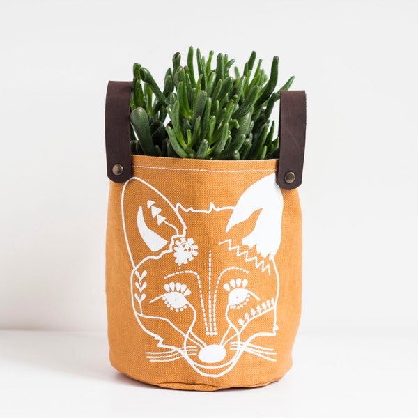 Orange canvas Basket, Orange linen storage, Screen printed Fox design