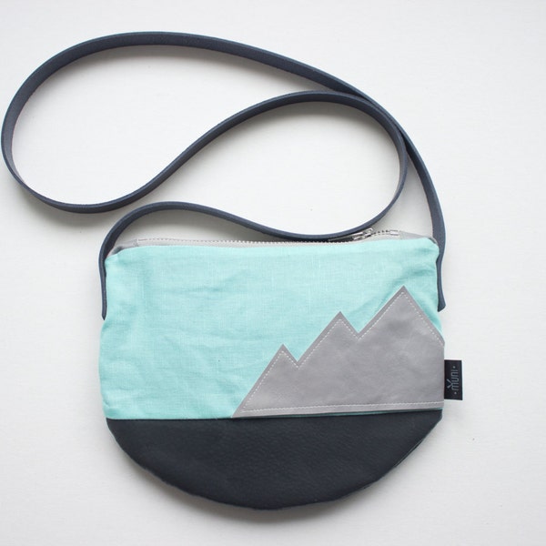 30% SALE! Mint linen day bag, linen and leather day bag, Gray mountain design