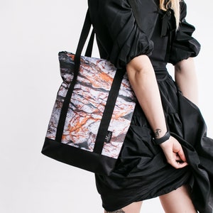 Waterproof Tote Bag: Printed Rocks Design, Zipper Closure