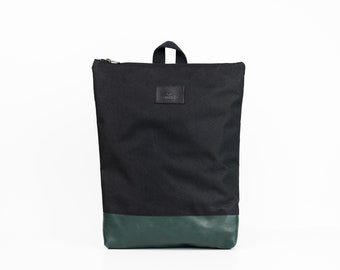 Sac à dos noir, sac à dos fait main en cuir vert, garde-robe capsule