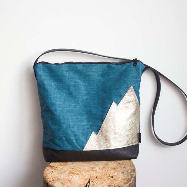 Waxed linen teal messenger bag, linen and leather handbag, Gold mountain detail
