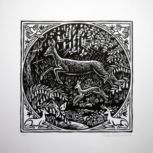 Deer Mama & Fawn Linocut Print.