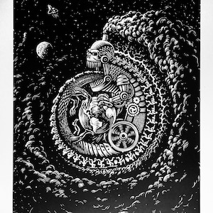 May include: A black and white woodcut print of a robot holding a globe in its hand. The robot is surrounded by clouds and stars. The robot is made of gears and other mechanical parts.