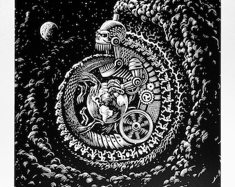 Death Metal, Steampunk Art. Ouroboros Linocut Print.