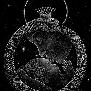 May include: A black and white illustration of a family in a celestial setting. A mother and father are holding a baby in their arms, surrounded by a snake-like symbol. The image is set against a starry night sky with a crescent moon in the background.