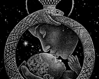 Loop of Life, Ouroboros, Linocut Print, Newborn, Grandfather, Celestial Infinity Eclipse, Original Art.