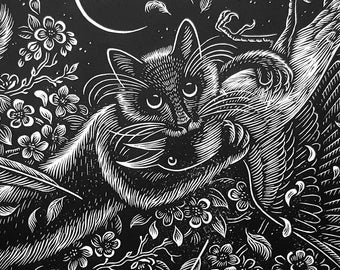 Cat and Crow Linocut Print.