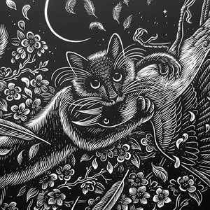 Cat and Crow Linocut Print.
