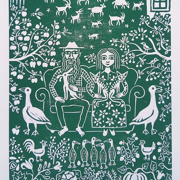 Farm Couple Linocut Print. Permaculture Wall Art.