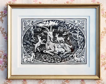 Goat Wall Art. Linocut Print.