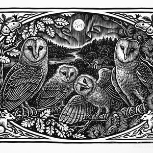 Barn Owl Linocut Print. Family Cottage, Farmhouse Wall Art.