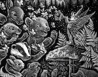 Woodland Fairy Art, Forest Spirit Linocut Print