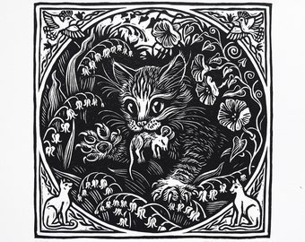 Kitten Catches Mouse Linocut Print.