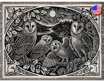 Woven Owl Throw Blanket: Boho Cottage Farmhouse Decor