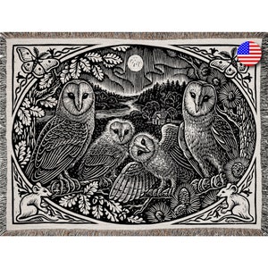 May include: Black and white woven tapestry featuring a moonlit forest scene with four owls and two mice. The owls are perched on branches with their wings spread. The scene is framed by a decorative border.