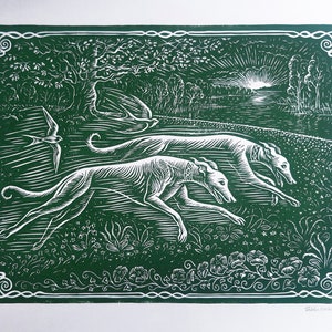 May include: A green woodblock print of two white greyhounds running through a field of flowers. The sun is setting in the background, and there are two birds flying in the sky.
